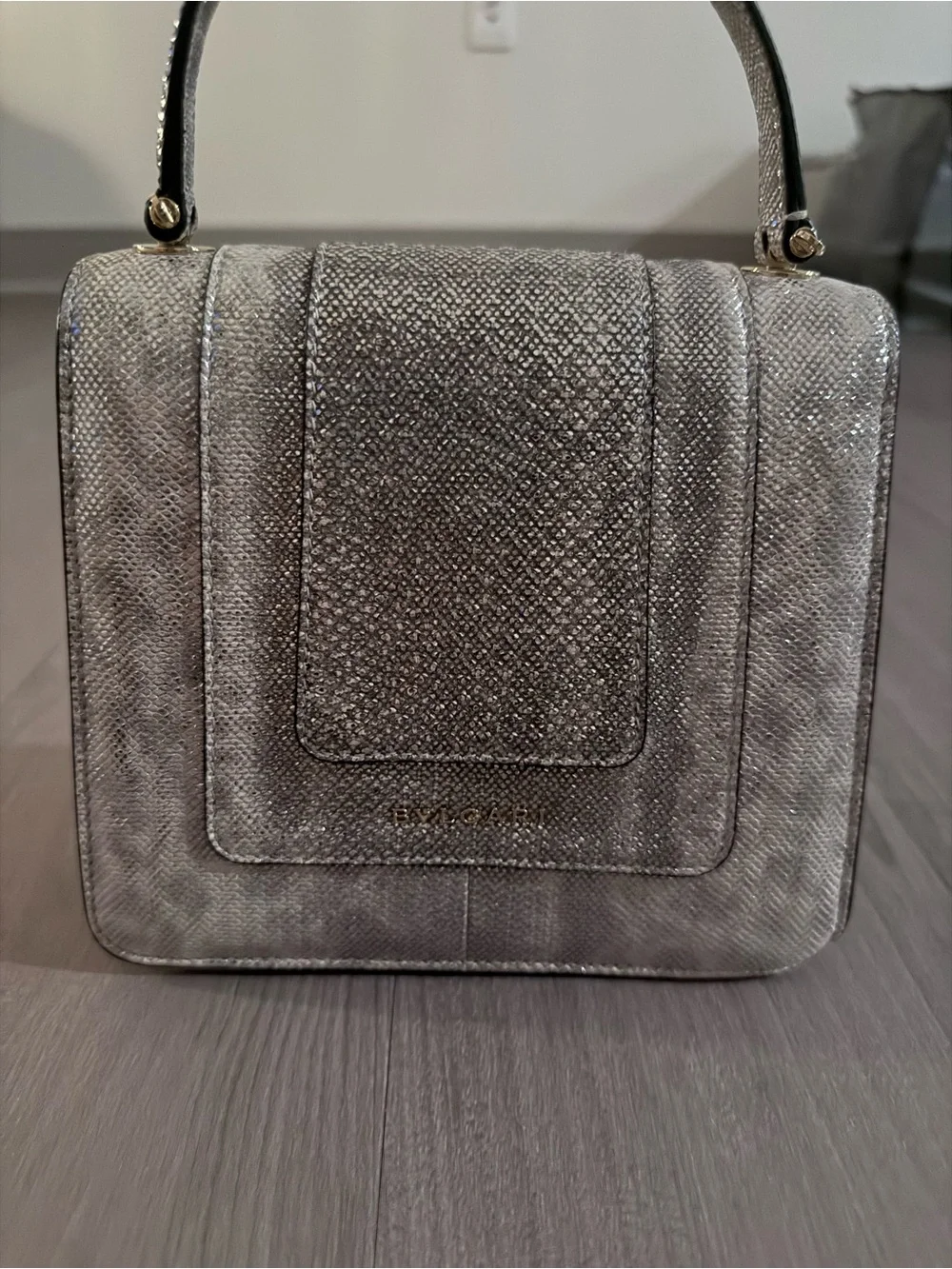Bulgari Metallic Silver Top-Handle Satchel with Snakehead Clasp